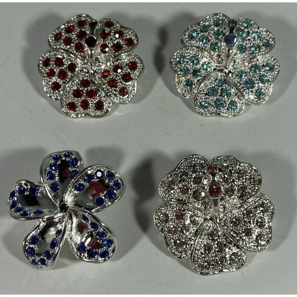 Set Of 4 Small Flower Floral Rhinestone Pins Brooch Blue Red‎ Pink Silver Tone - Picture 1 of 5